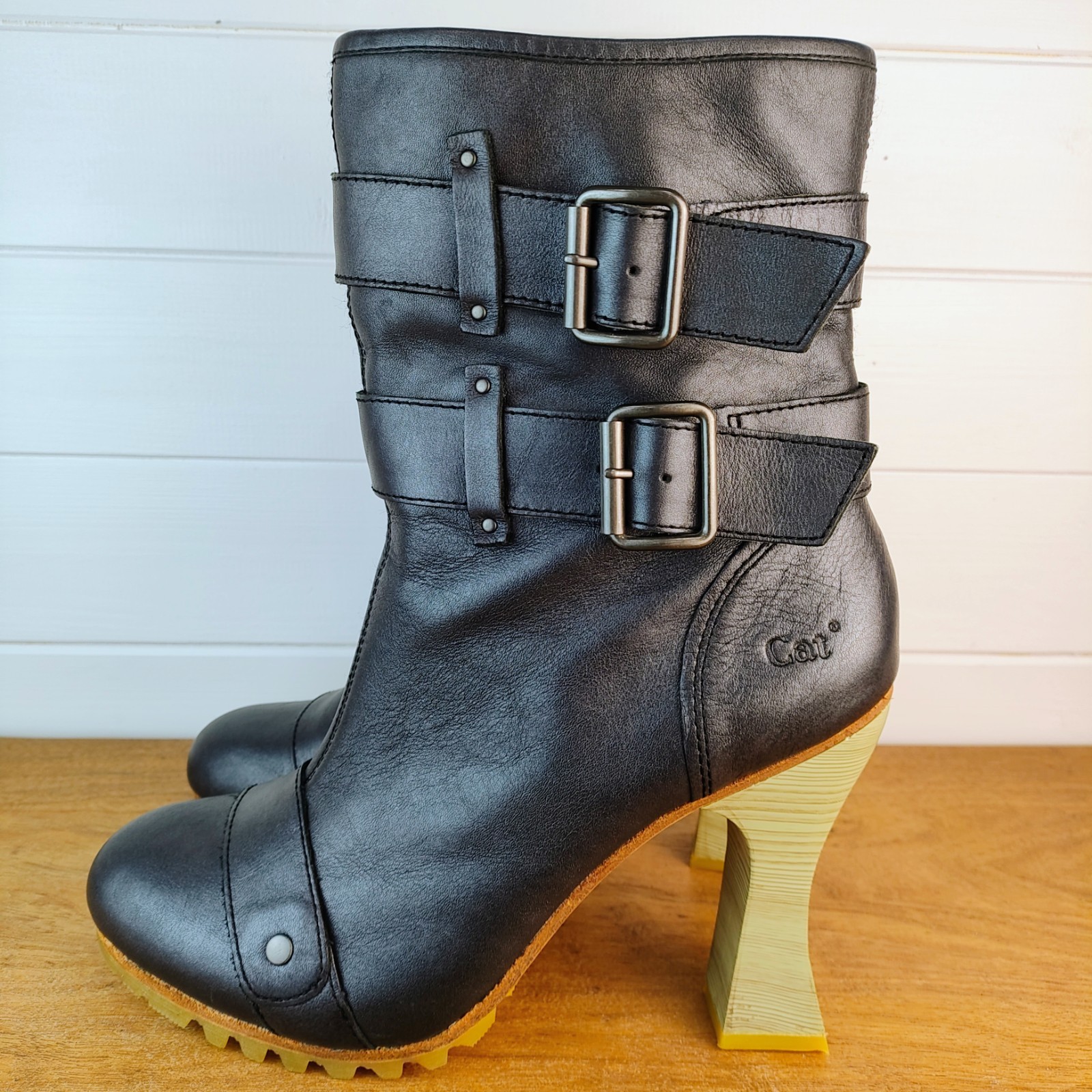 CAT Caterpillar X Shontelle Collab US 9 M Boots 4″ Sculpted High Heel Black -ish