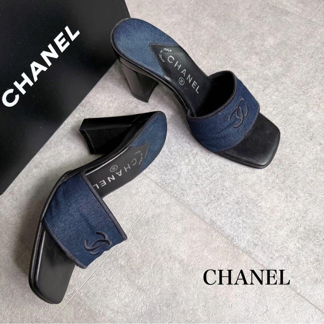 CHANEL Denim Heel Sandals Mule Shoes Cocomark EU 36 US 6 Authentic From JP