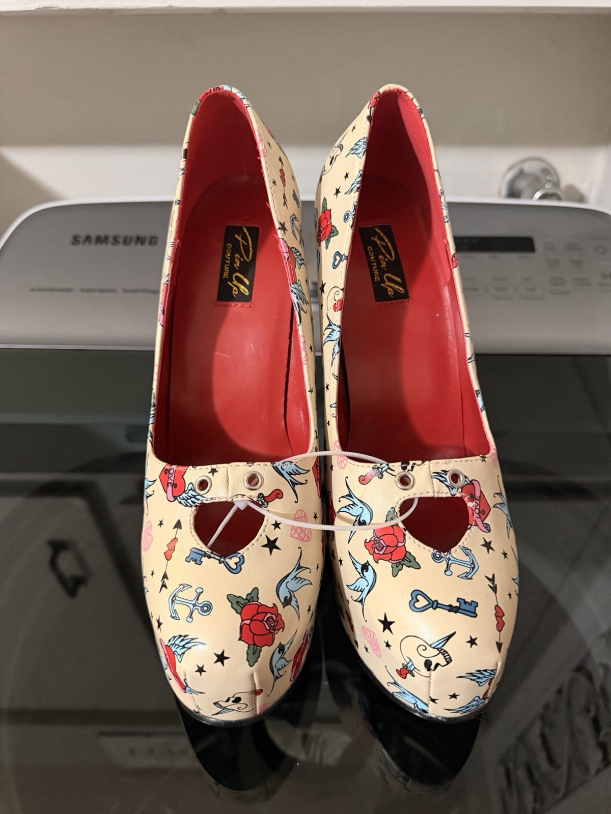 Pin Up Couture Tattoo Print Lace-Up Round Toe Stiletto Pumps US 11