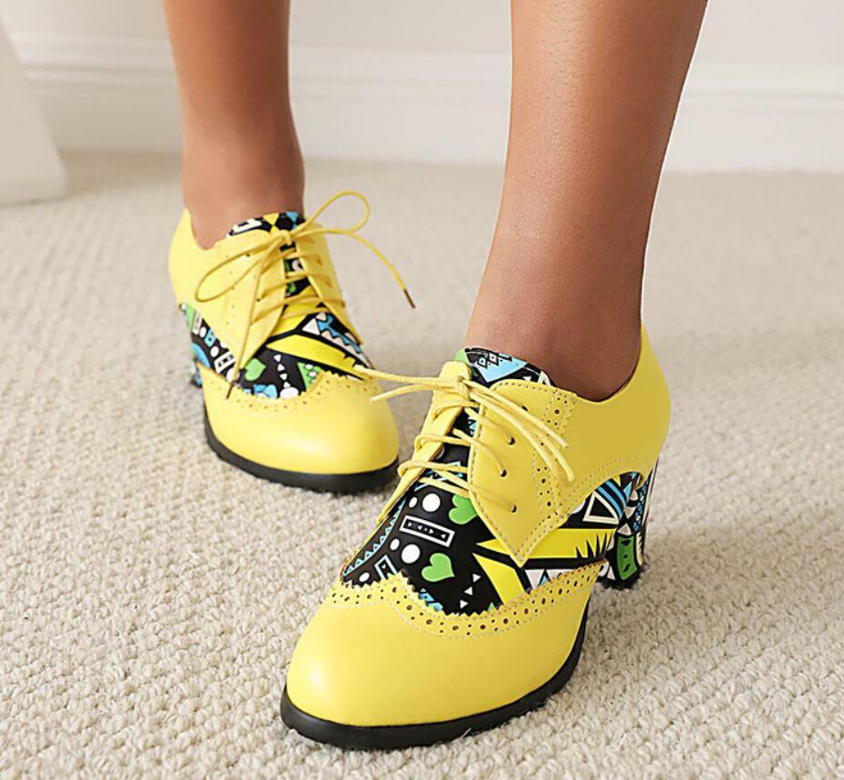 Splicing Women’s Faux Leather Block Heels Shoes Round Toe Lace Up Retro Fashion