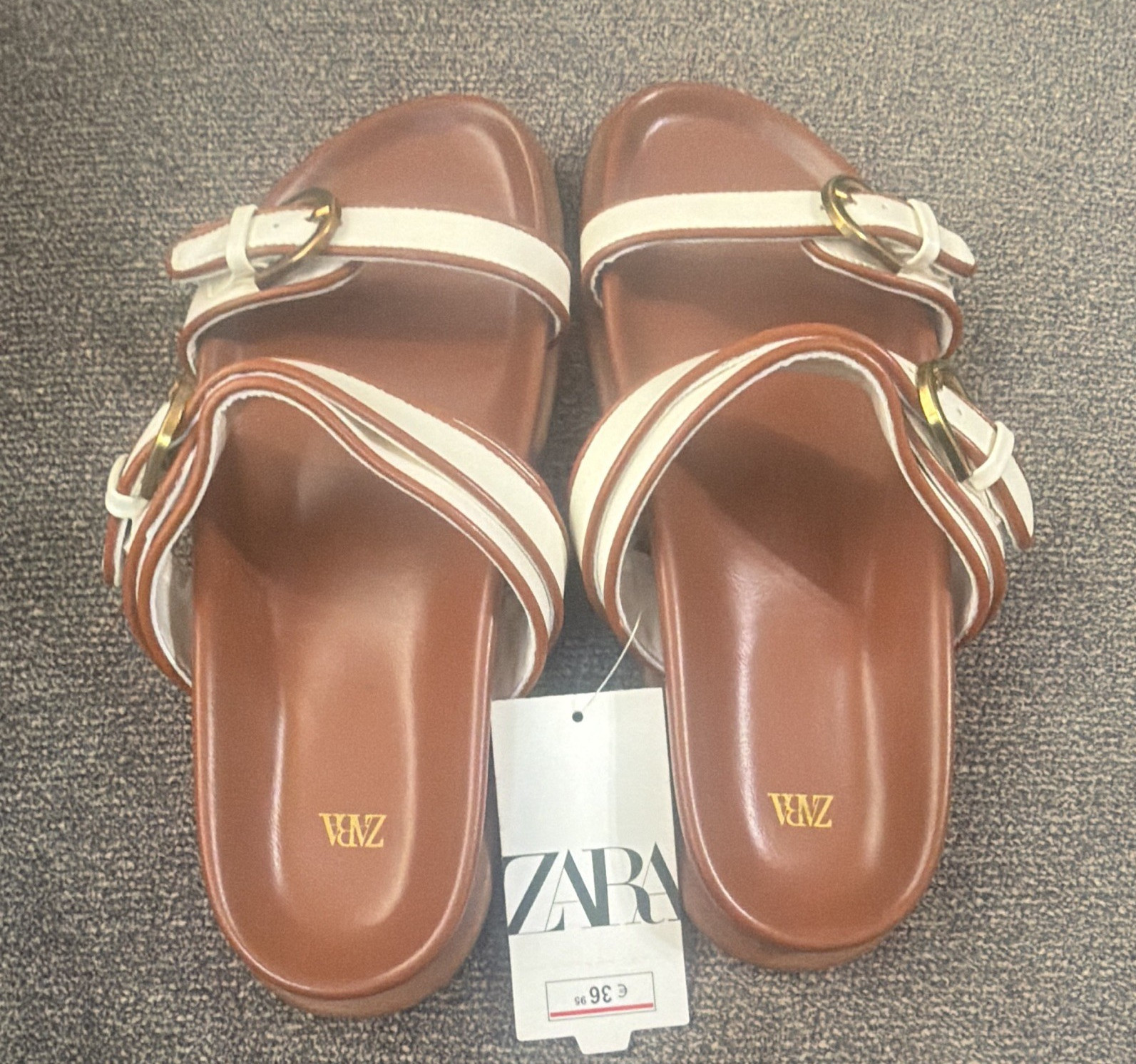 Zara Women’s Brown/White Strappy Open-Toe Slide Sandals Buckle Faux Leather 38