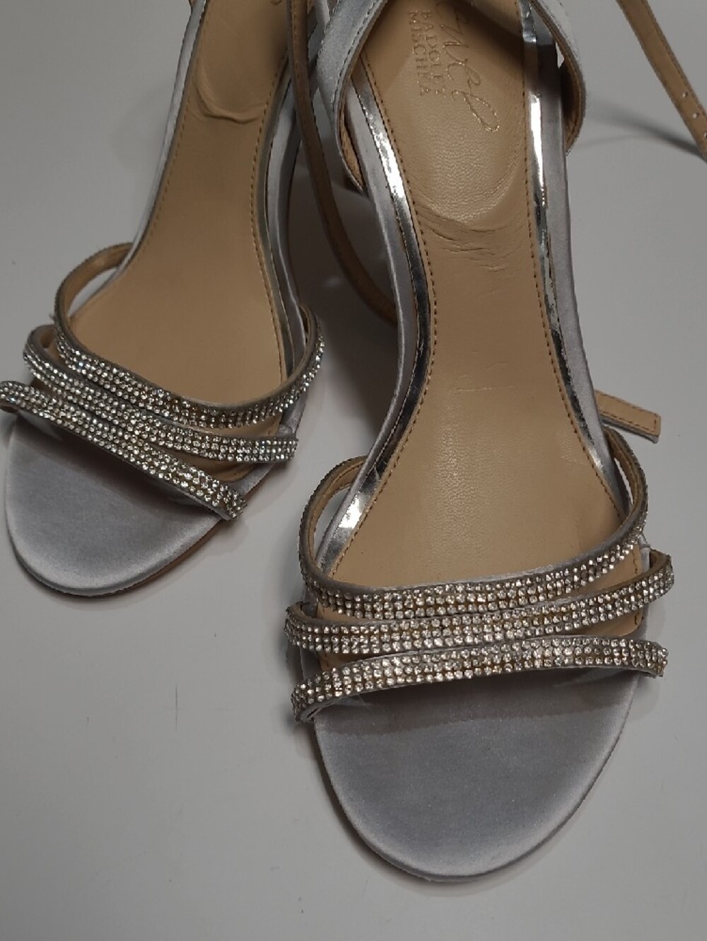 Jewel Badgley Mischka Silver Rhinestone Strap High Heel Sandals – Size 10