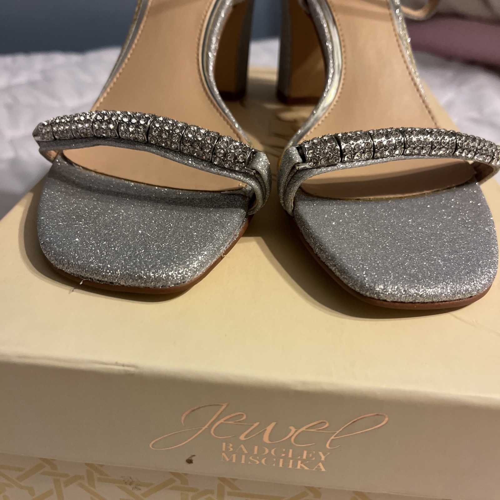 JEWEL BADGLEY MISCHKA Women’s Charlee Embellished Glitter Block Heel Sandals