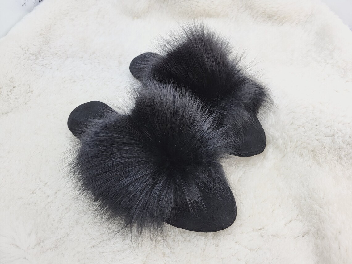 Women black fox fur leather house slippers Open toe home shoes Gift for women