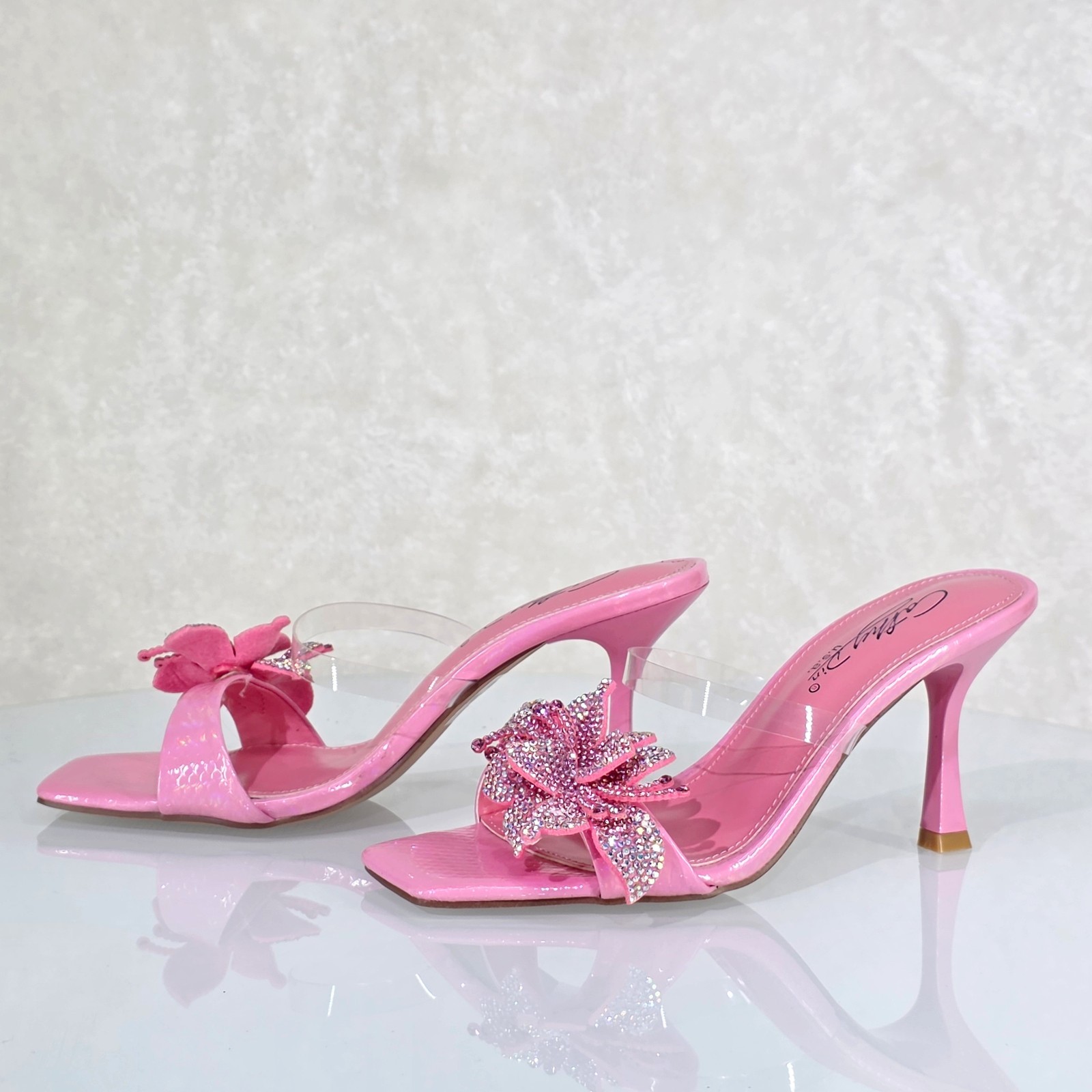 Lily Rhinestone Flower Pink Slip On 3.25″ Heel Casual Evening Party Shoes