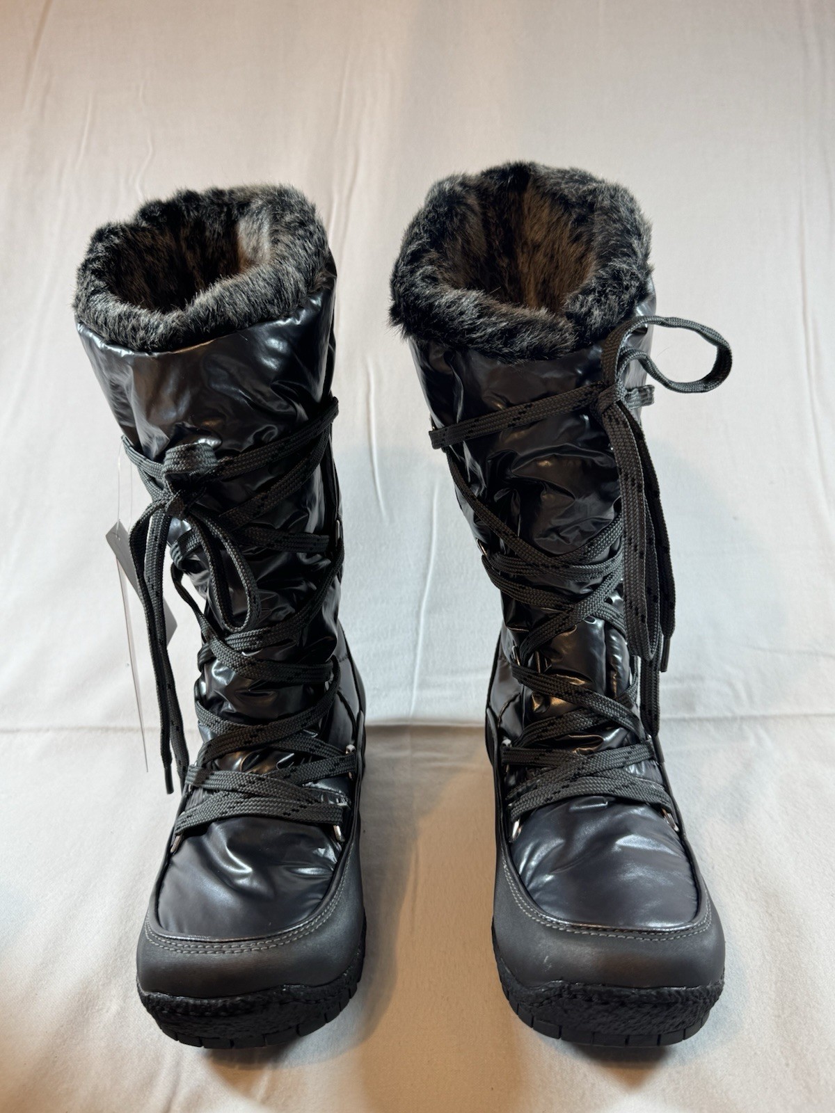 Sporto Charlie Waterproof Lace-Up Winter Boots Black Faux Fur Trim Women 7.5 M
