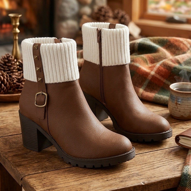 Secret Celebrity Brown Faux Leather Knit Ankle Bootie Zip Buckle Stud Cuff