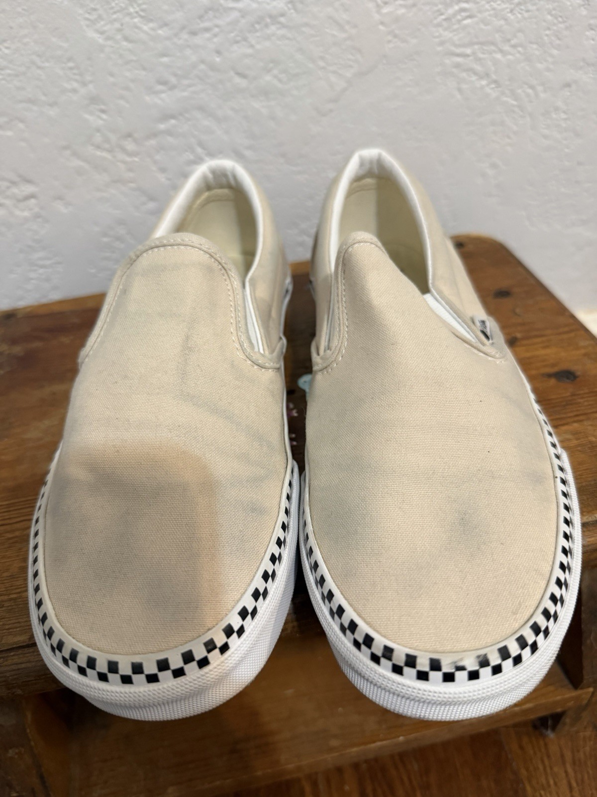 Vans Slip-On Cream Off White Checkerboard Trim Skate Shoes Y2K Gorpcore Size 8