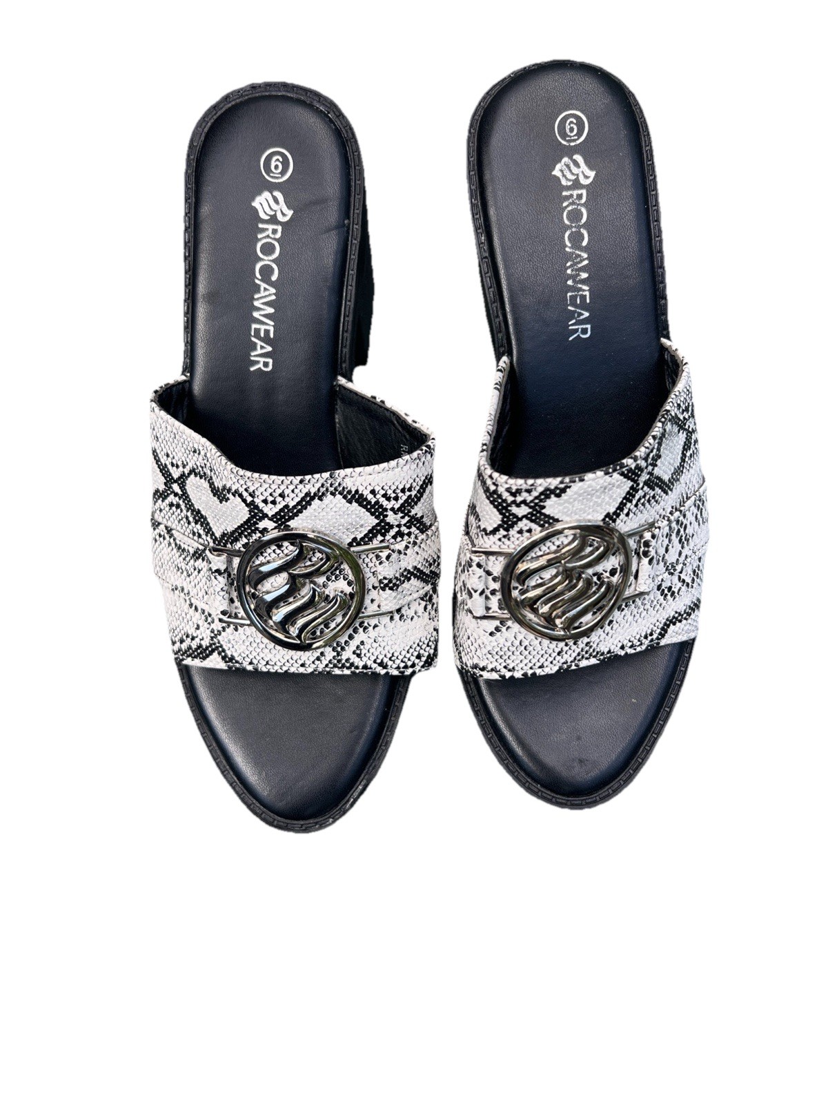 ROCAWEAR VTG Heel Open Toe Platform Sz 6 NWOB Snakeskin Silver Logo Retro 90s