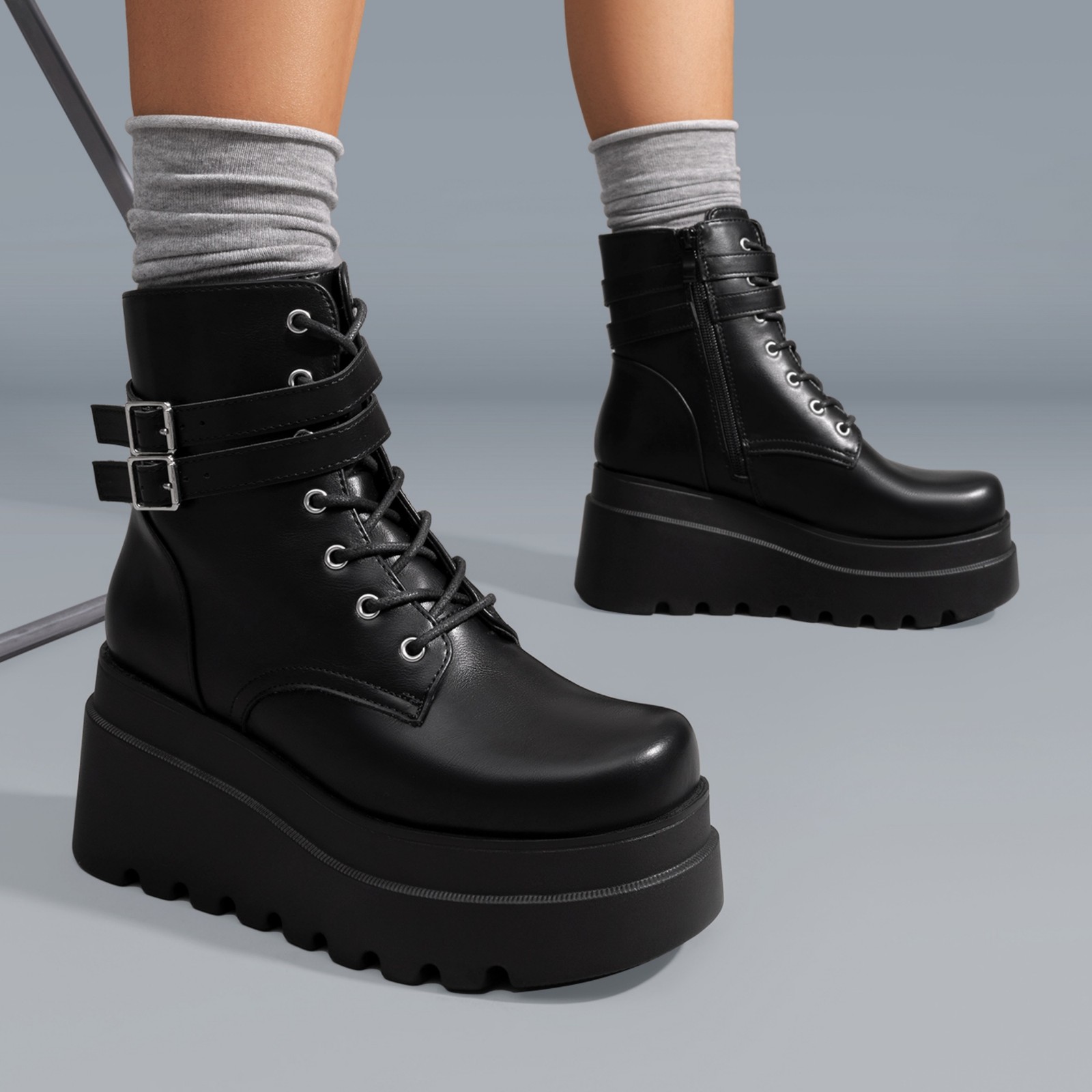 Women Platform Combat Ankle Boots 3.5inch High Heel Lace Up Fall Winter Boots