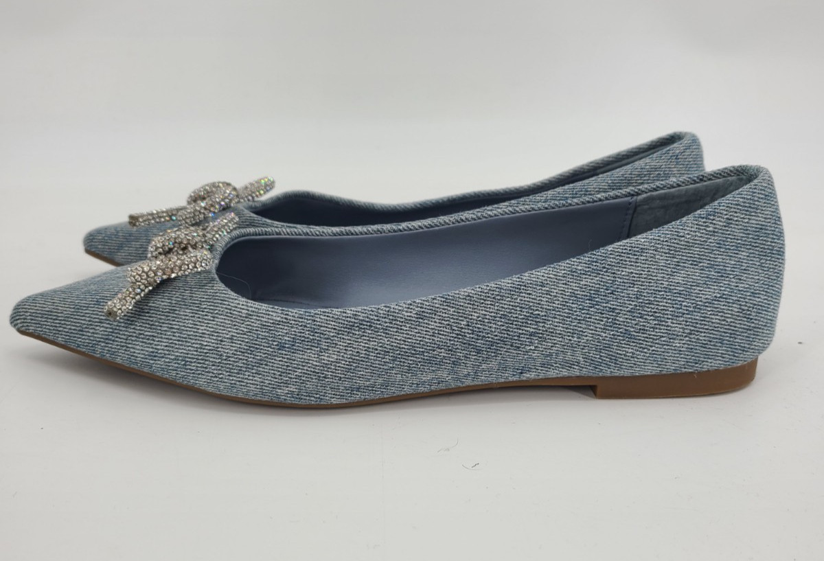 Steve Madden Elina Denim Rhinestone Bow Pointed Toe Flats 7.5 M Women