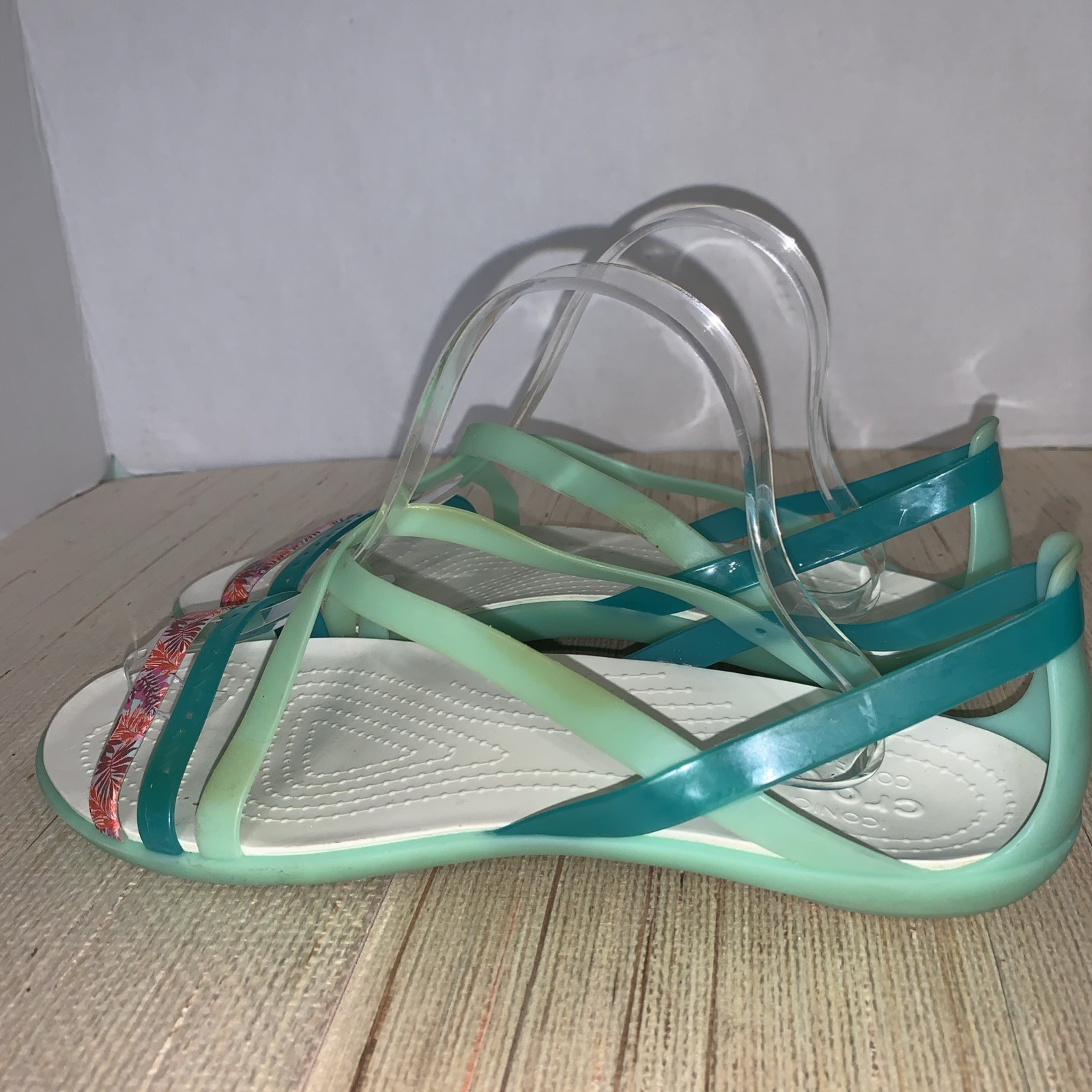 Crocs Isabella Jelly Strappy Sandals Womens 10 W Green Leaf Print Flats Comfy