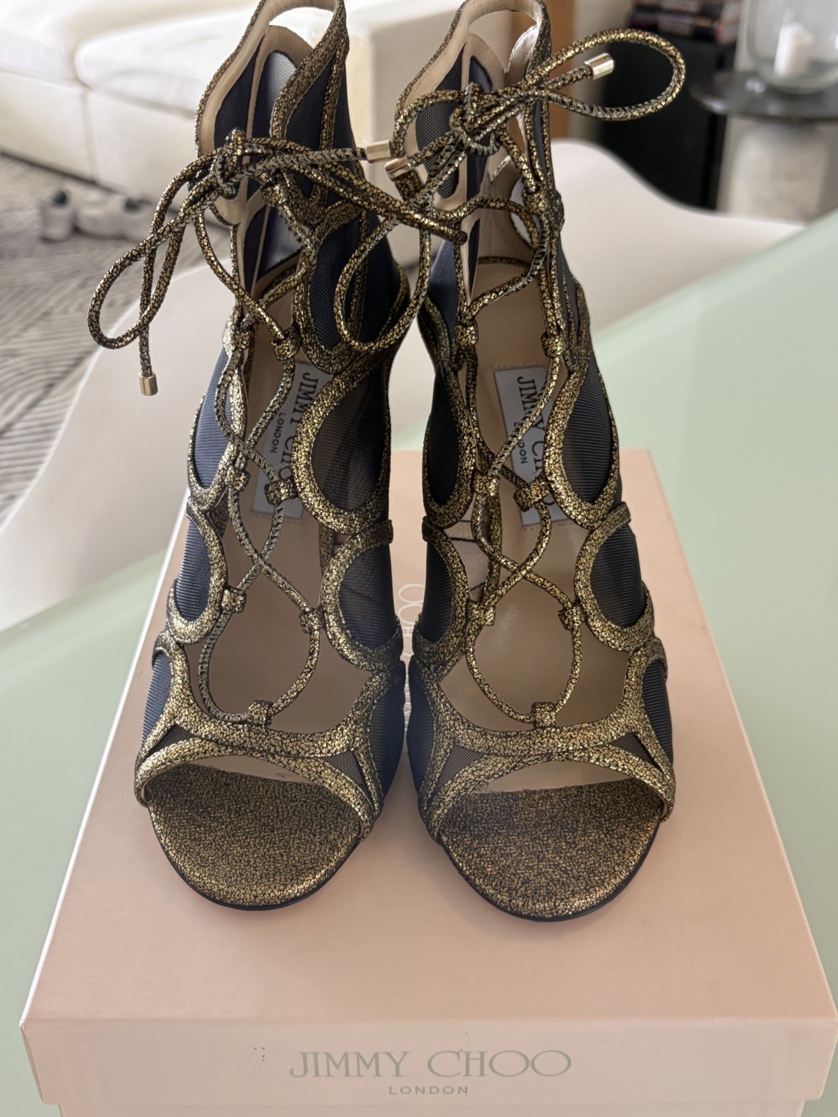 Jimmy Choo Women’s Light Bronze Lame Glitter Strappy Lace-Up Open Toe Stiletto 8