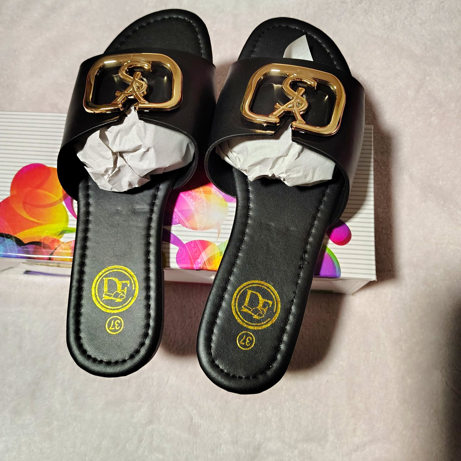 !Solid Women’s Black Slide Sandals Gold Logo Buckle US 7 EU 37