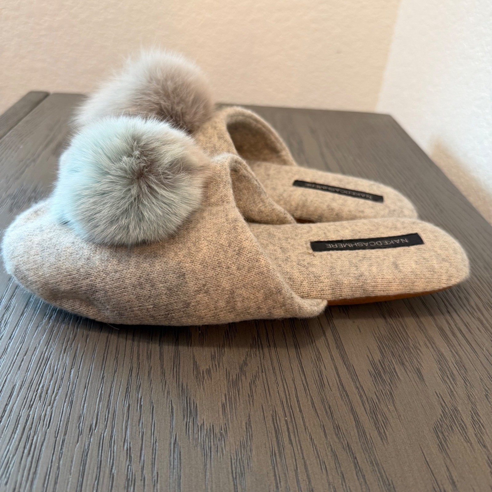 Naked Cashmere Women Grey Cashmere Fox Fur Pompom Mule Slippers L/XL