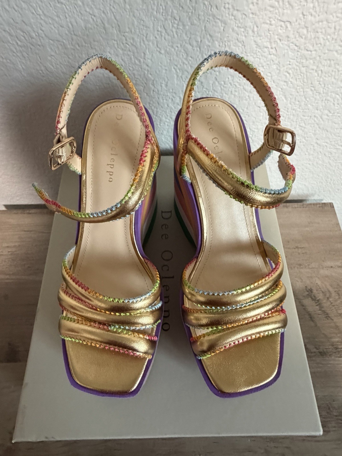 Dee Ocleppo Multicolor/Gold Striped Leather Platform Sandals Ankle Strap 6