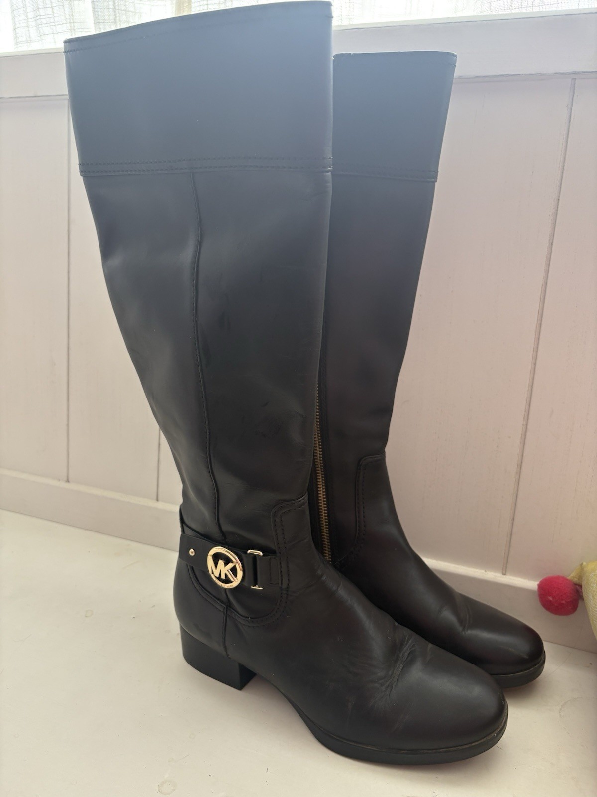 MICHAEL KORS Black Leather Gold Logo Side Zipper Tall Boots Size 7