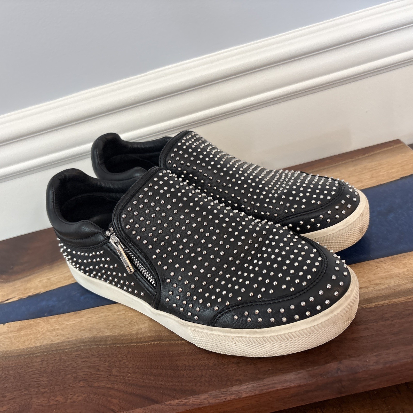 Ash IMAN Studded Sneaker Double Zip Black Leather/White/Silver Size 40 US 9.5-10