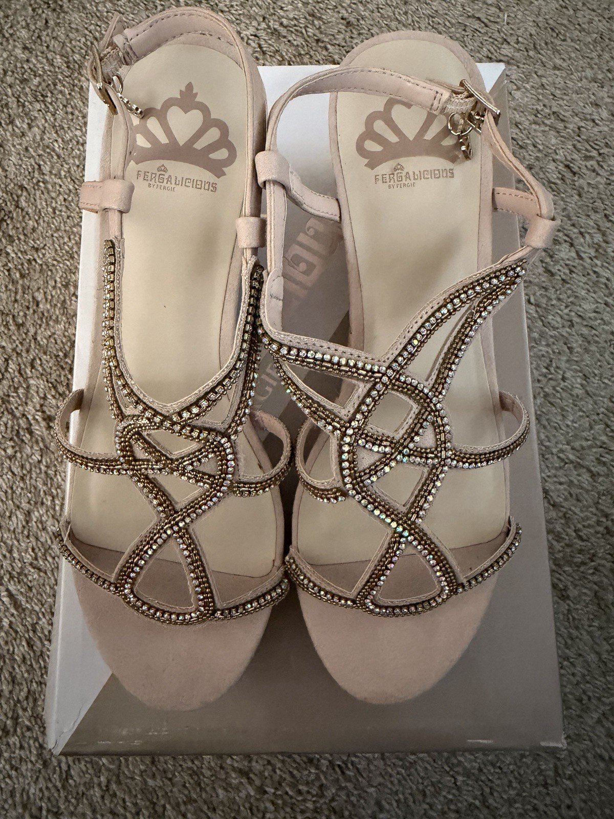 Fergalicious by Fergie Beige Rhinestone Strappy Ankle Strap Wedge Sandals 7M
