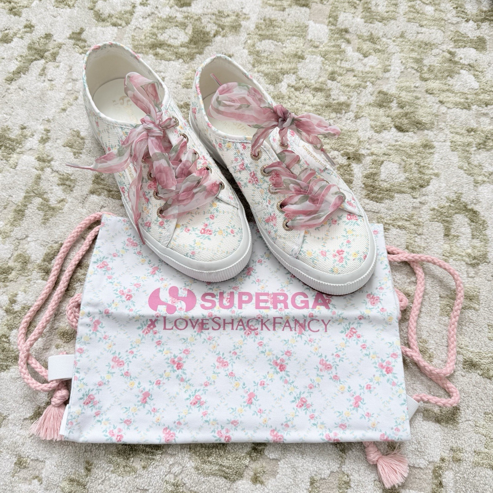 Superga x LoveShackFancy Floral Ribbon Sneakers Size 37 White Pink