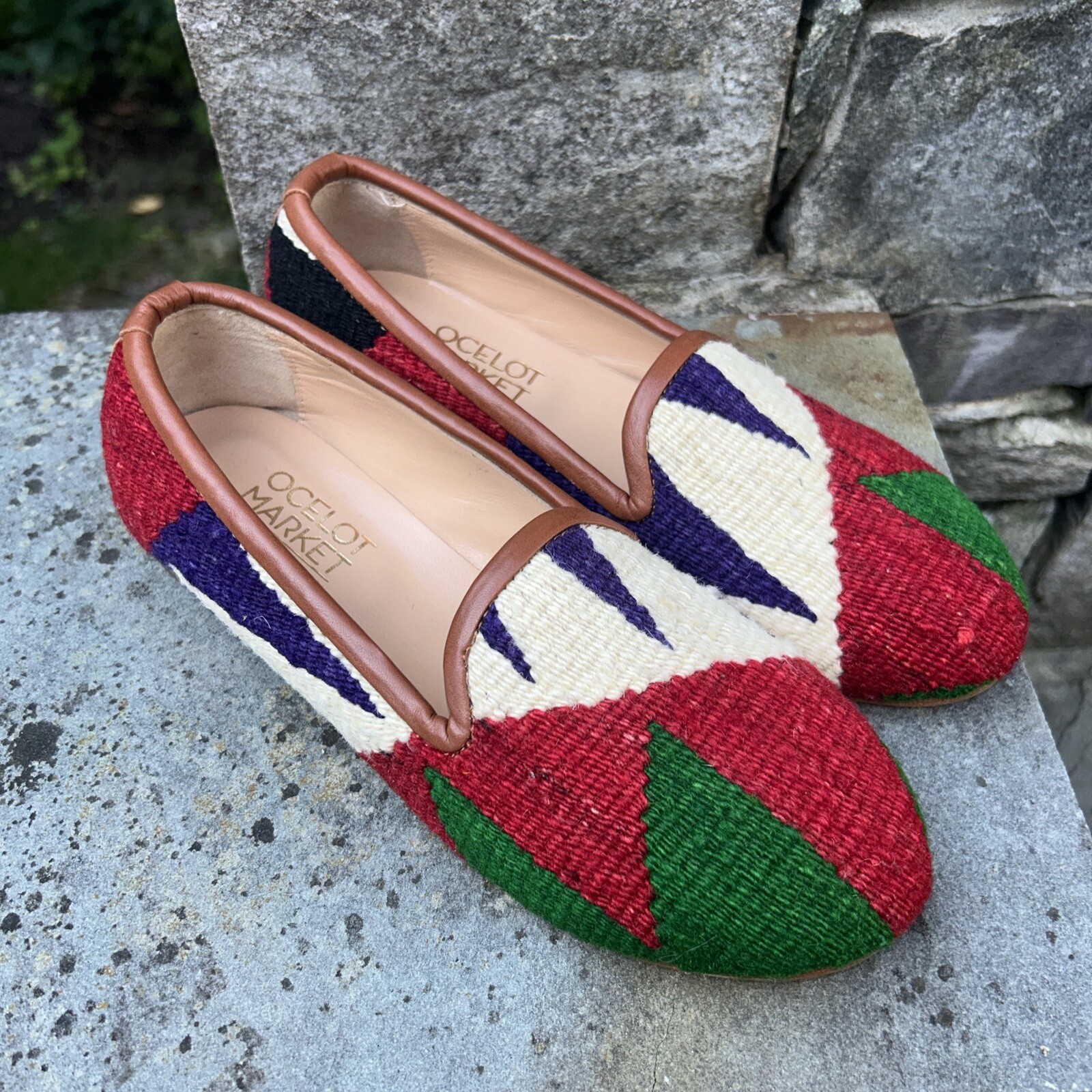Ocelot Market Turkish Kilim Rug Loafer Flats Leather Sz EU 38 US 7 7 1/2 EUC