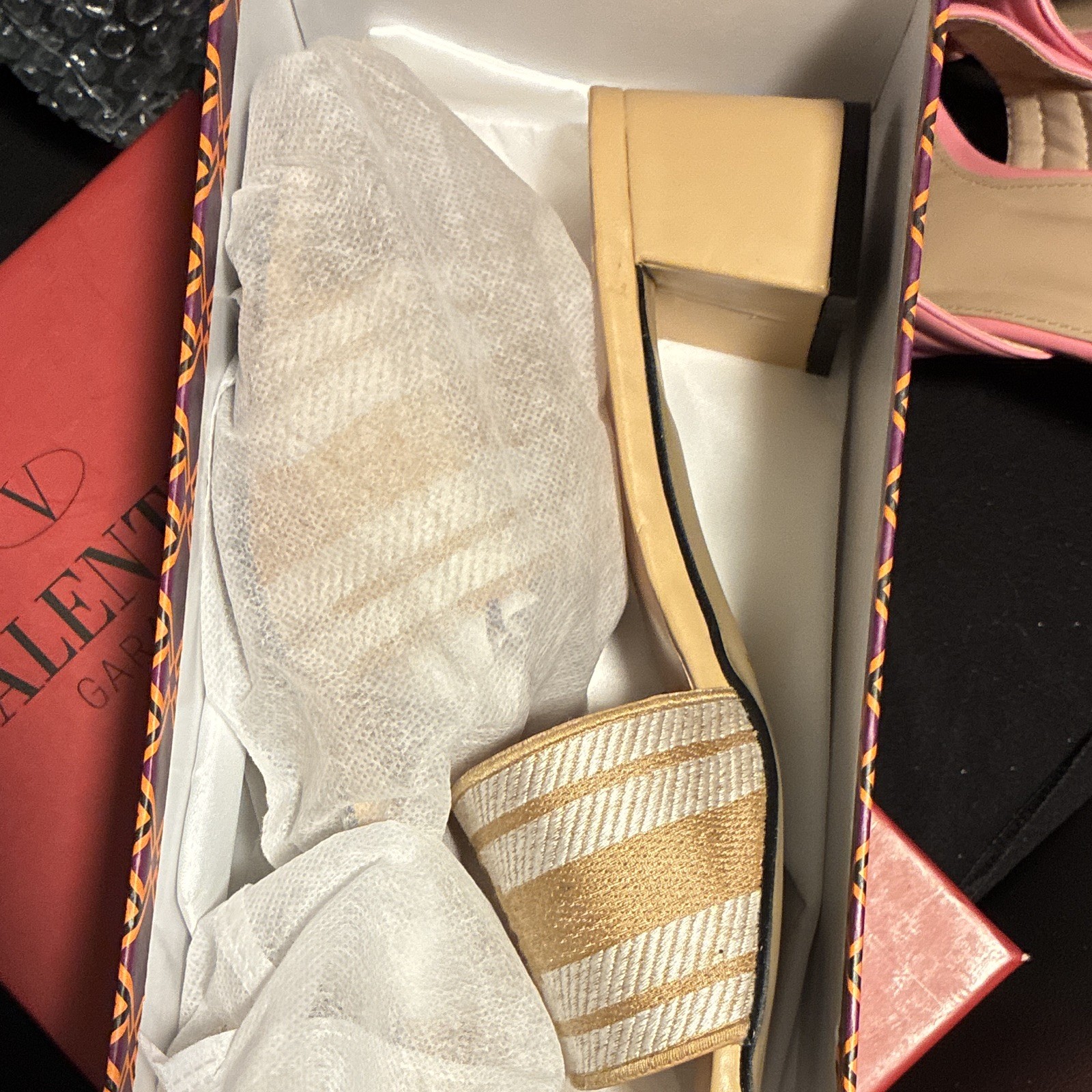 Tory Burch Women’s US 9 Beige Striped Slingback Closed Toe Leather Block Heel