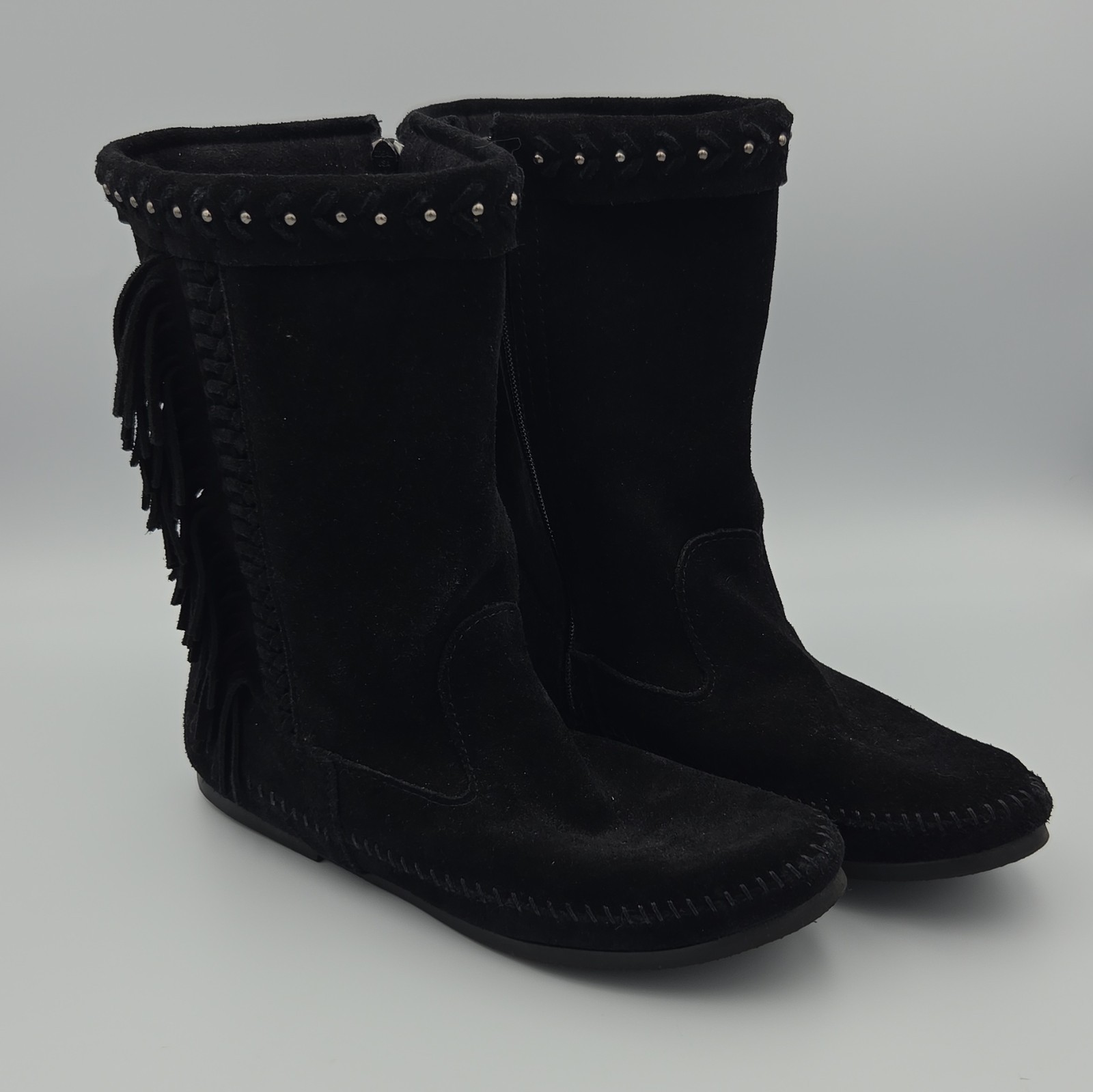 MINNETONKA Moccasin Boots Black Suede Fringe Style 1699 Womens Size 9
