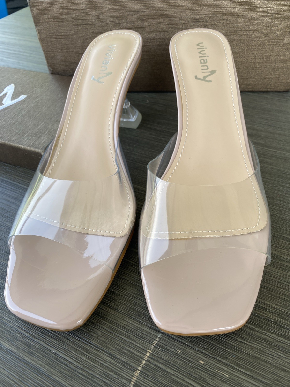 Viviany Woman Clear Peep Toe Chunky Low Heeled Sandals Slip On Sexy Pump Size 10
