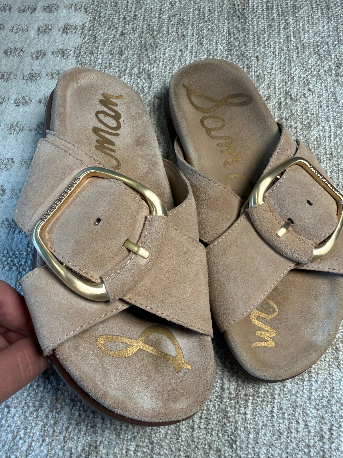 Sam Edelman Women’s Beige Suede Sandals with Gold Buckle