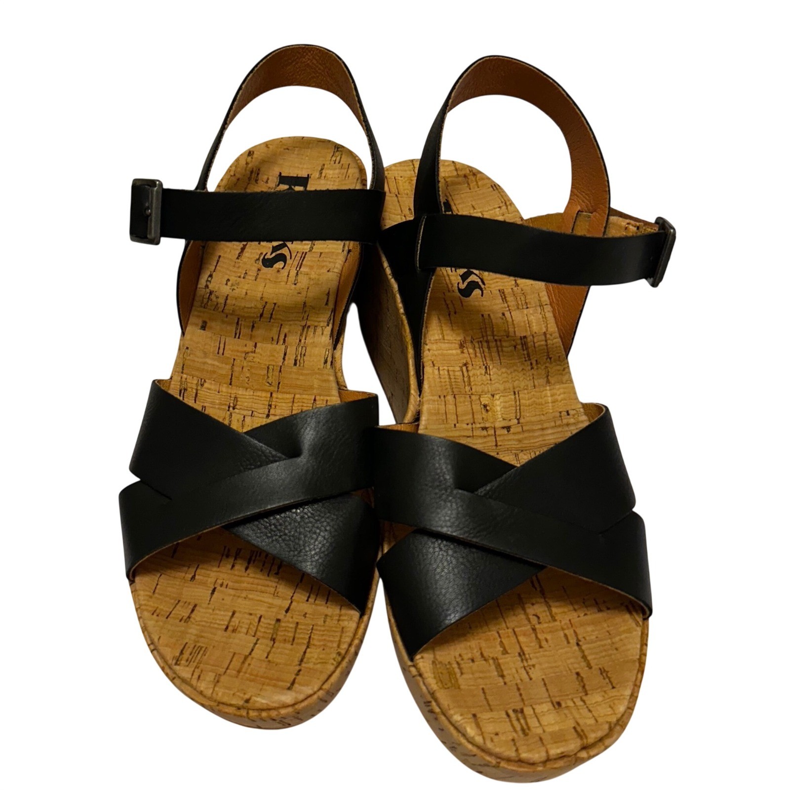 Korks Denica II Black Platform Wedge Sandals Womens Size 7 Cork Heel Strappy