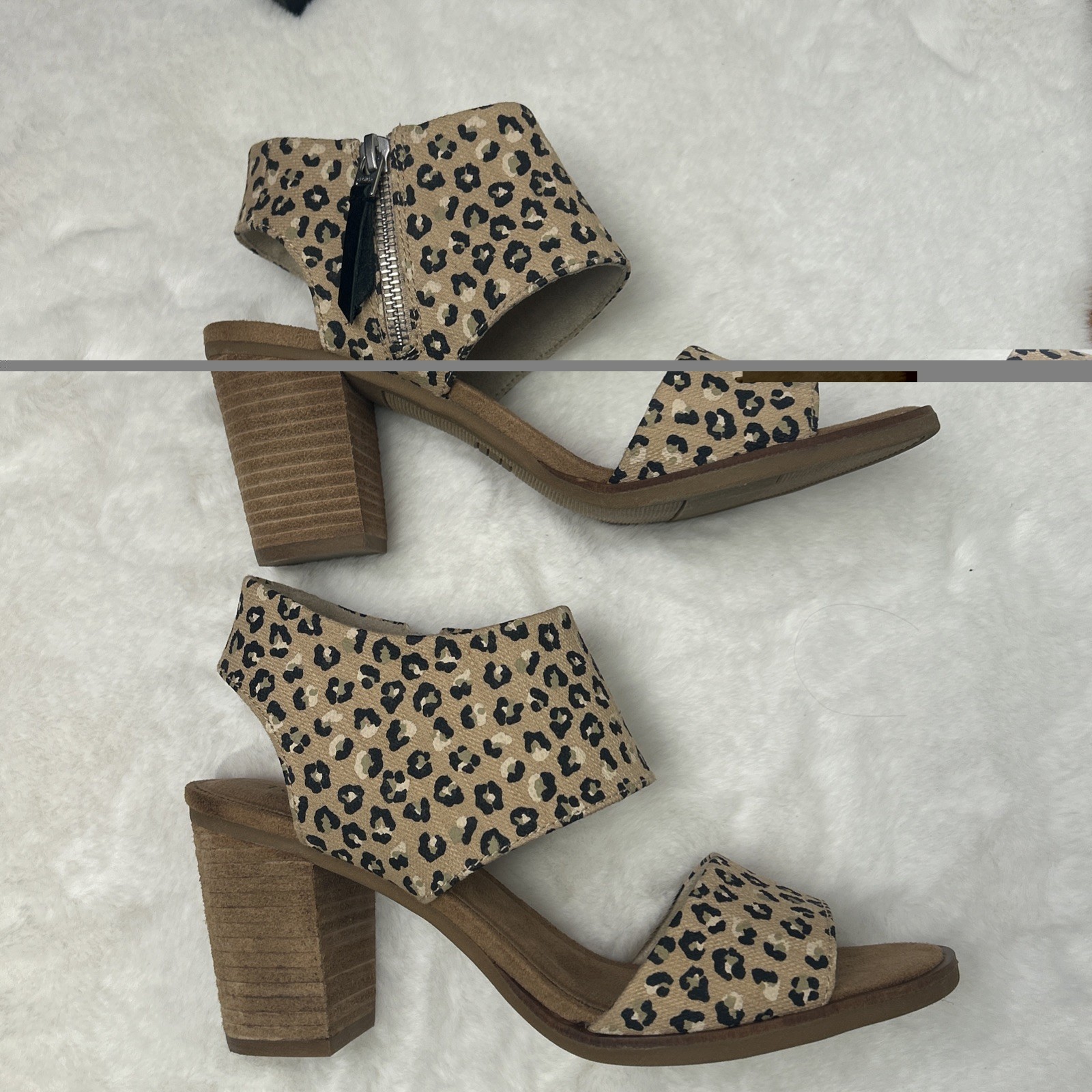 Women’s TOMS Majorca Tan Natural Leopard Print Block Heel Sandals Zip Sz 8.5