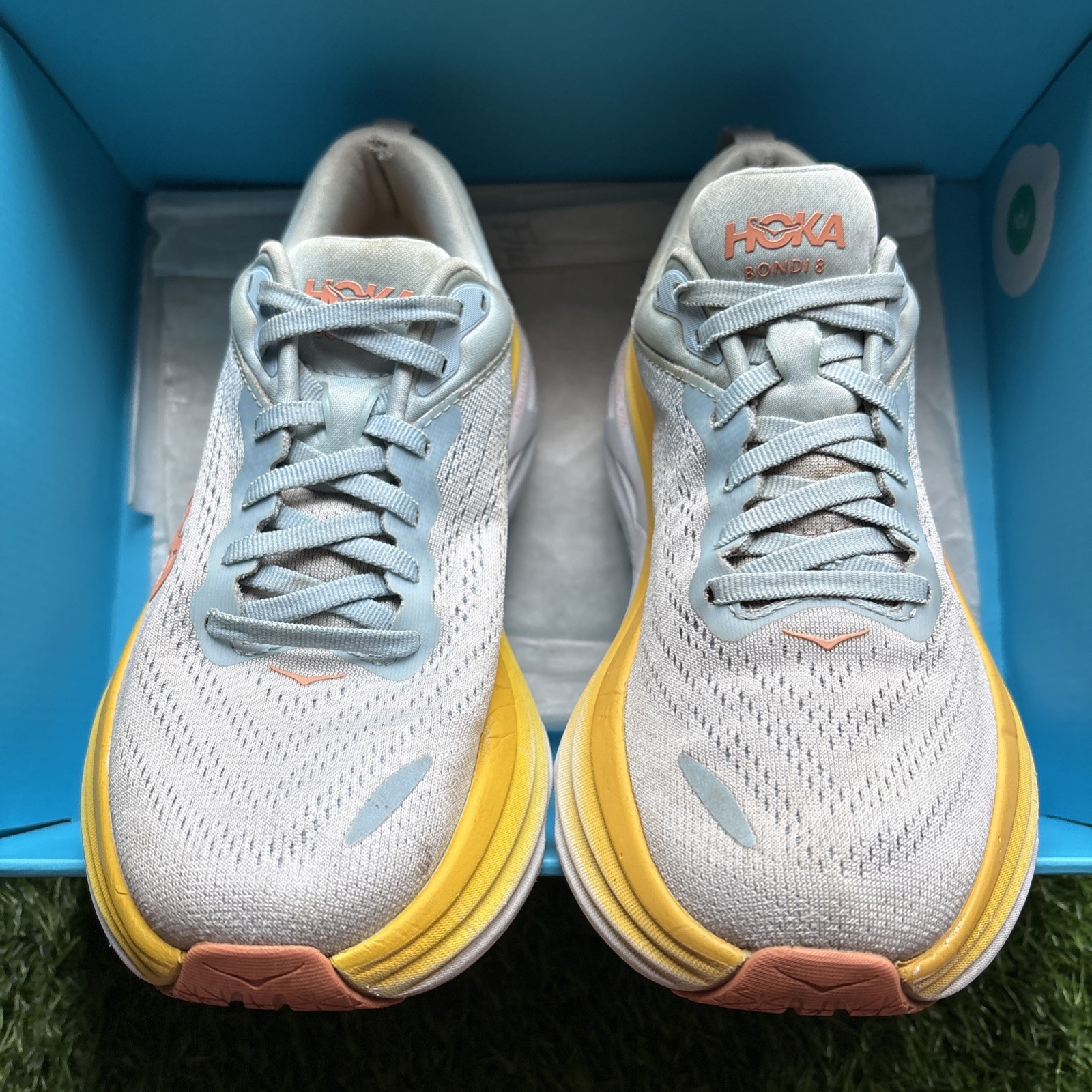 Hoka One Bondi 8 Blue/Yellow Running Athletic Sneaker Women’s Size 7 B