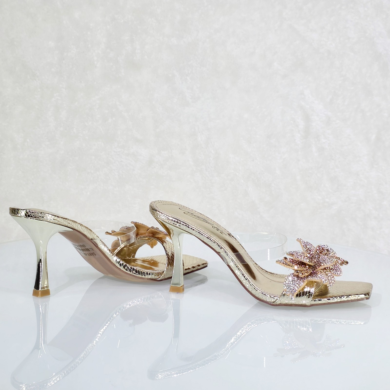 Lily Rhinestone Flower Gold Slip On 3.25″ Heel Casual Evening Party Shoes