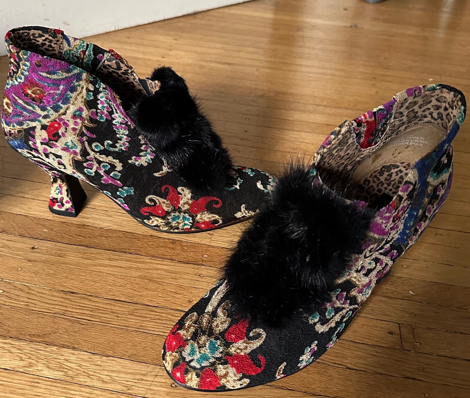 BACI «Daisy Orient» 90s Victorian Brocade/Tapestry Fur Ankle Bootie Shoes 7 NIB