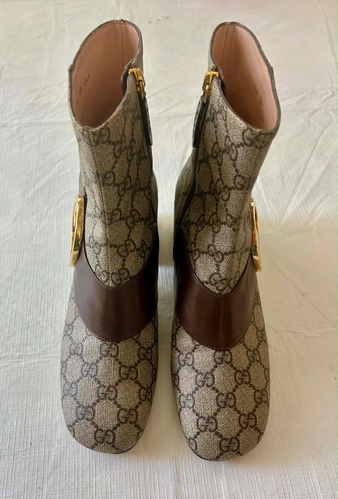 Gucci GG Supreme Logo Print Beige Canvas/Brown Leather Ankle Boots 38