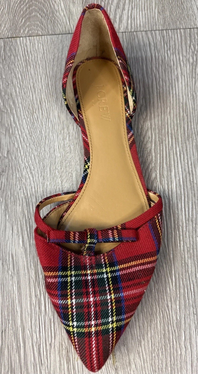 J. Crew Tartan Plaid Mini Bow Flats Women’s Red Plaid Pointy Toe Preppy Size 8