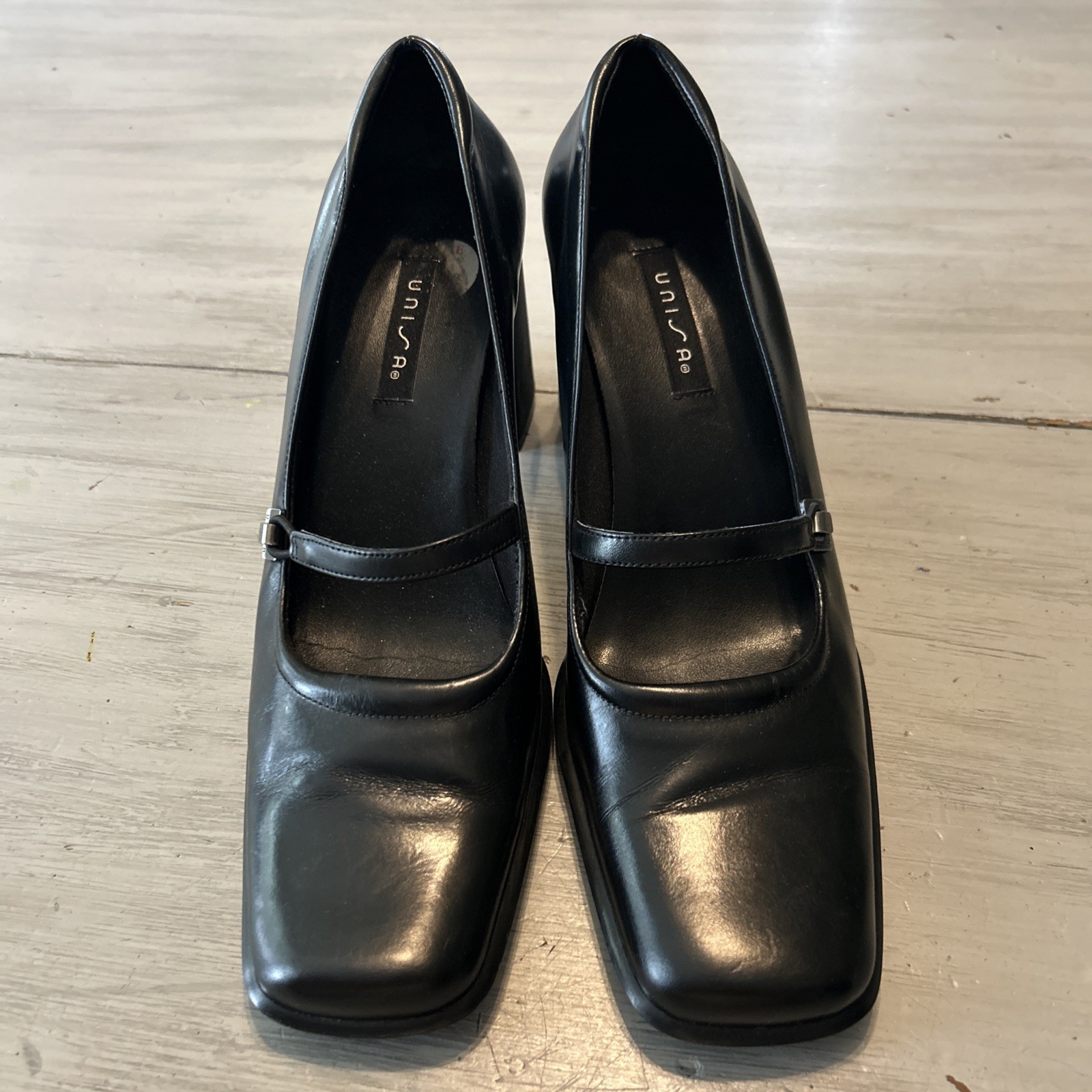 Vtg Unisa Black Leather Block Heel Square Toe Mary Jane Sz 9 Dark Academia
