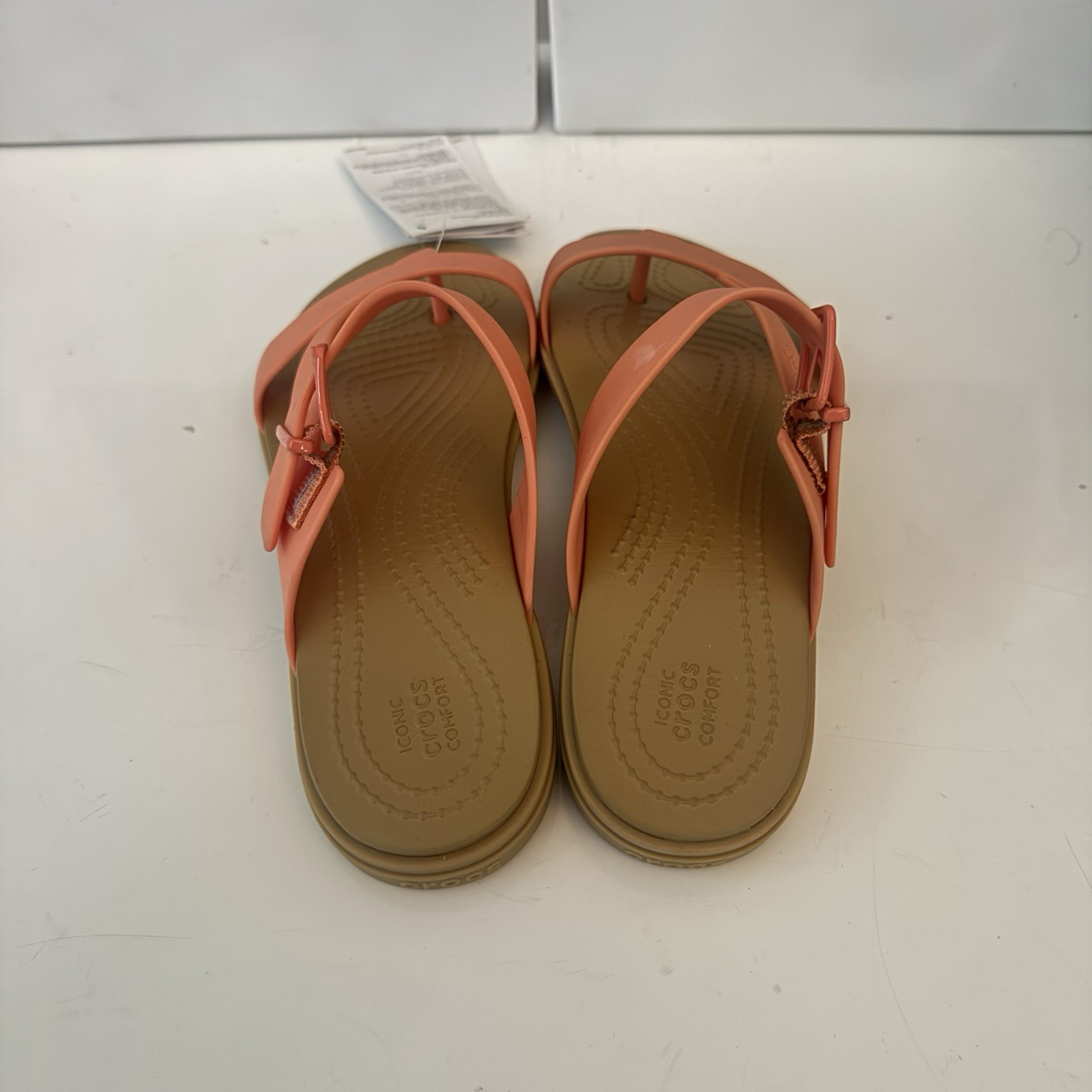 Crocs Tulum Toe Post Thong Womens Sandals Orange/Beige Buckle Strap Size 6