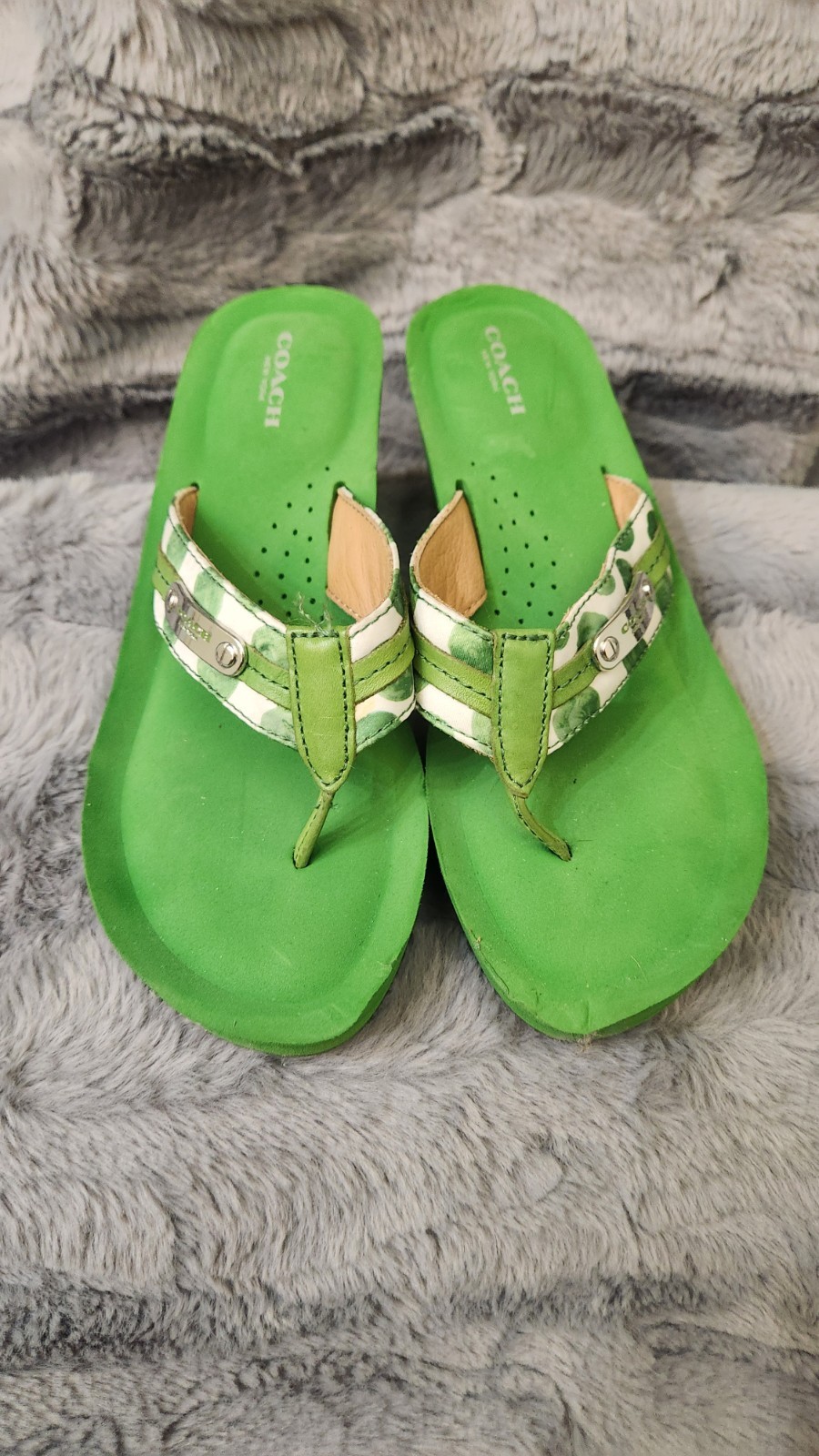 Coach Jaden Leather Signature Wedge Platform Sandal Thong Flip Flops Green 7.5
