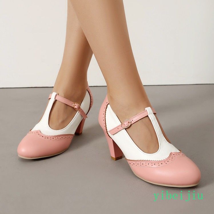 Women’s Low Heel Mary Jane Two Tone Colorblock Shoes T Strap Patchwork Casual OL