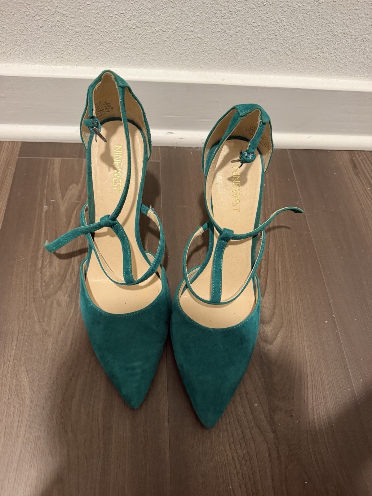 Nine West Green Suede Strappy Stiletto Pointed Toe Ankle Strap Heels
