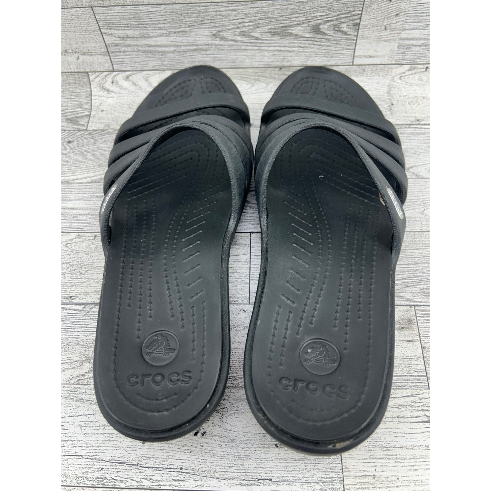 Crocs Women’s Rhonda Black Multi Strap Wedge Sandals Slides Comfort Size 11