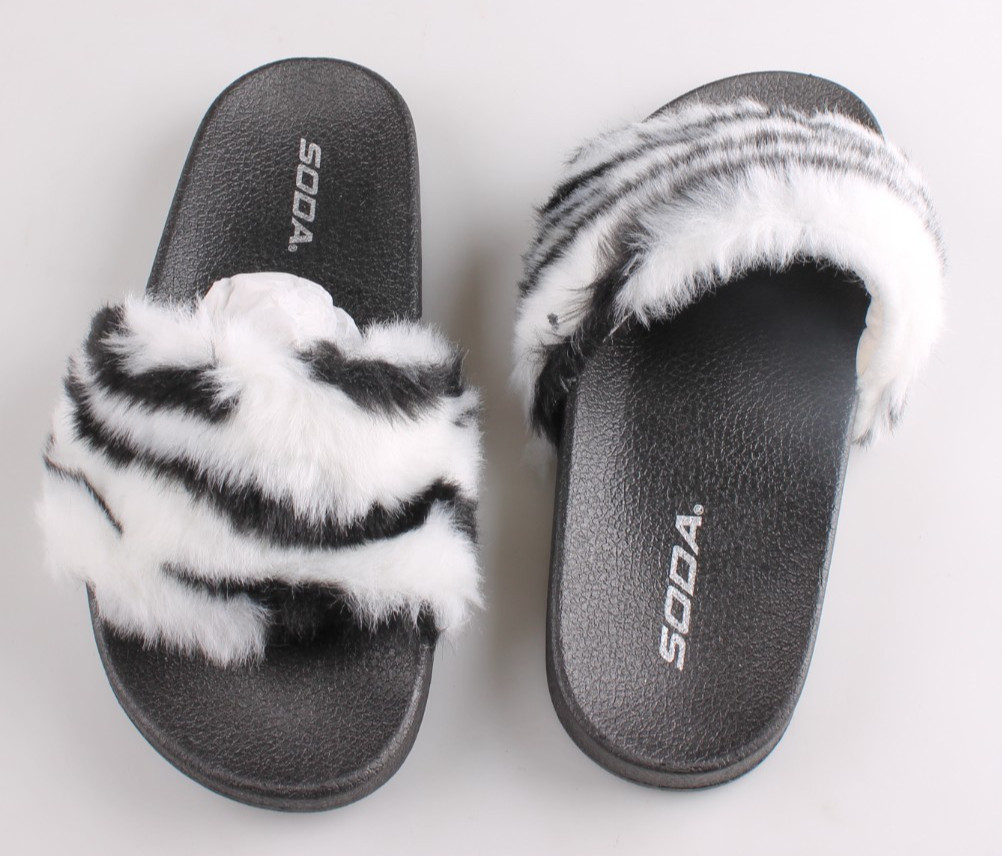 Soda Women’s Fuzzy Slides Black Zebra Faux Fur Slippers Sizes 6, 7, 8 NWT Sandal