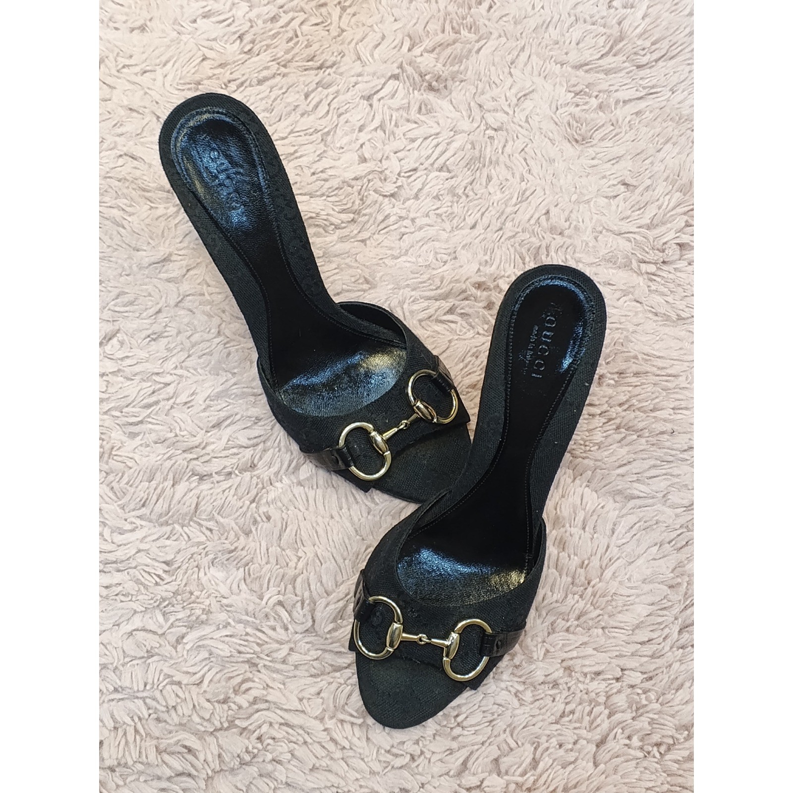 Gucci Horsebit GG Monogram Canvas Mules Black Stiletto Sandals 138703 Size 38.5