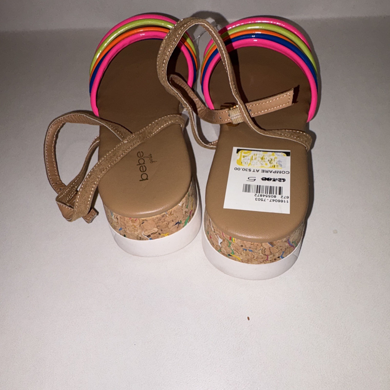 bebe Women’s Wedge Sandals Multicolor/Beige Solid Synthetic Ankle Strap 5