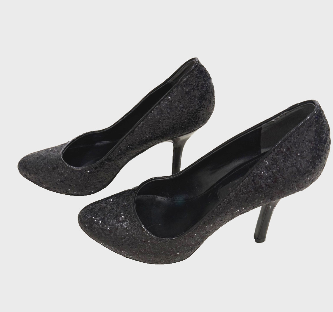 Nina – Black Sparkle Glitter Bling Pumps Maximalism – 4.25″ Heel – Size 7.5M