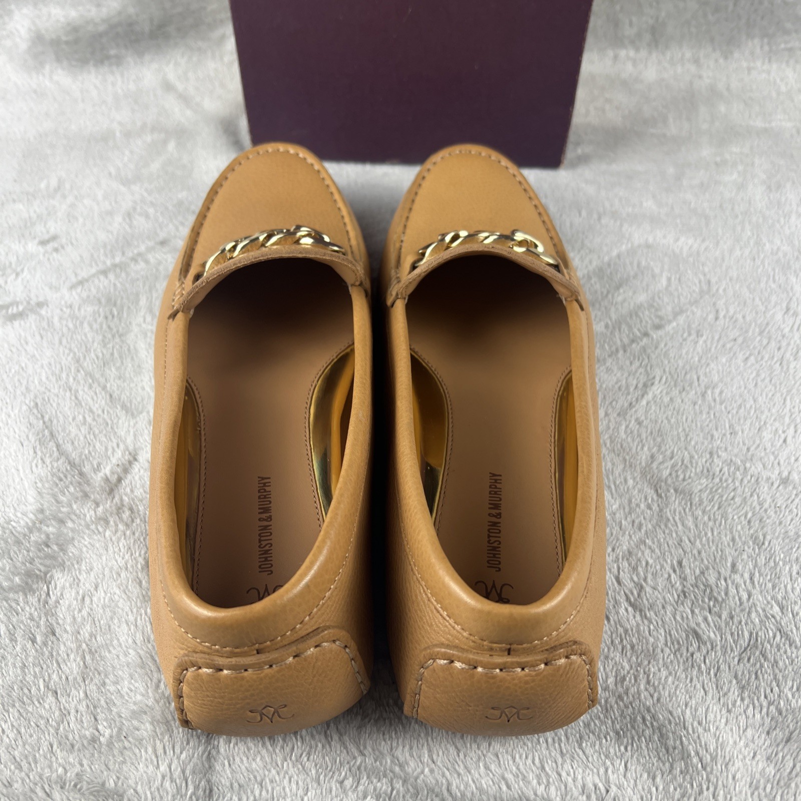 Johnston & Murphy Women’s Maggie Chain Moc Tan Calfskin Leather Loafers Sz 9M