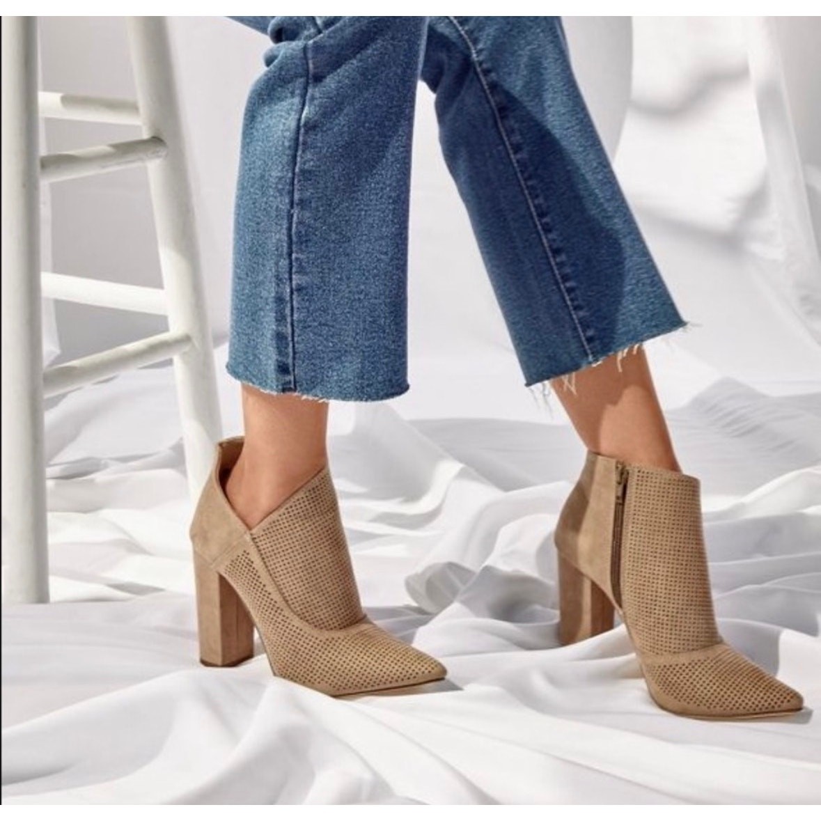 JustFab Perforated Ankle Boots Size 11 Taupe Tan Open Side Pointed Toe