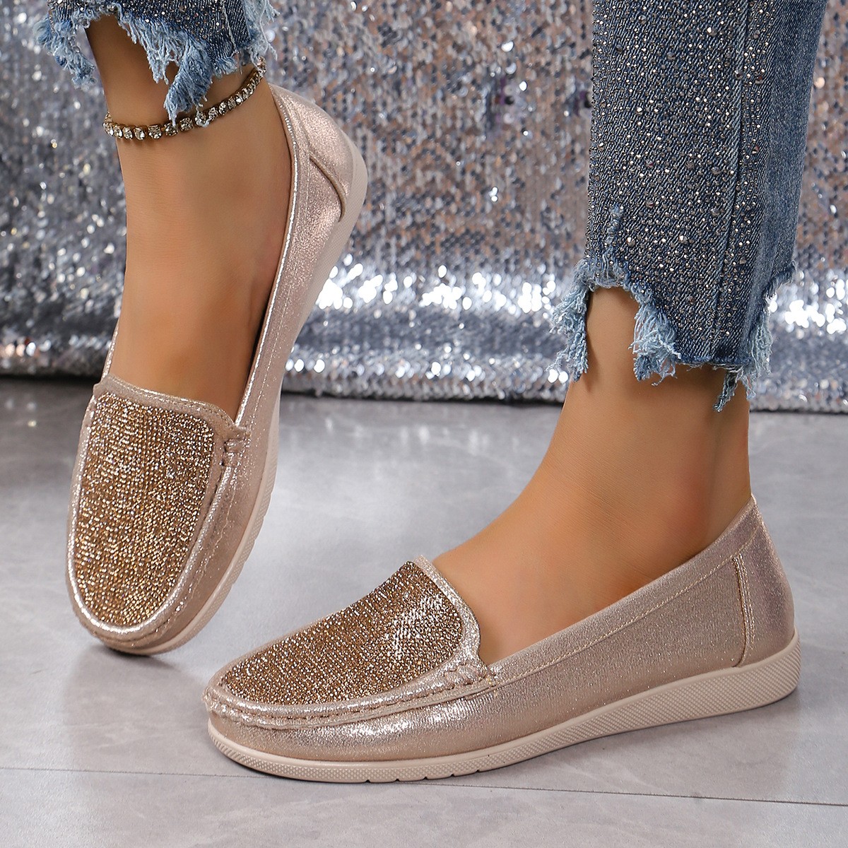 Men’s Loafers Flat Glitter Rhinestone Round Toe Causal Mary Janes Shoes Slip On