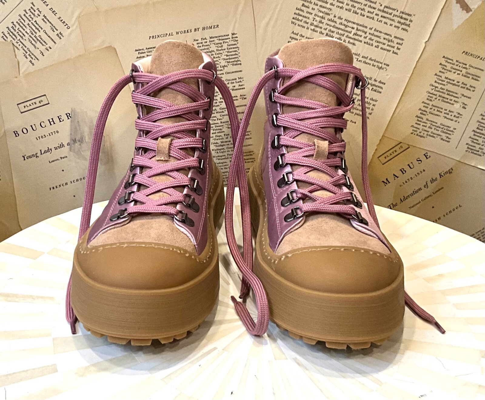 Anthropologie Maeve Hiker Boot Pink Satin Tan Suede Rubber Lace Up 40/ 9-9.5 NEW